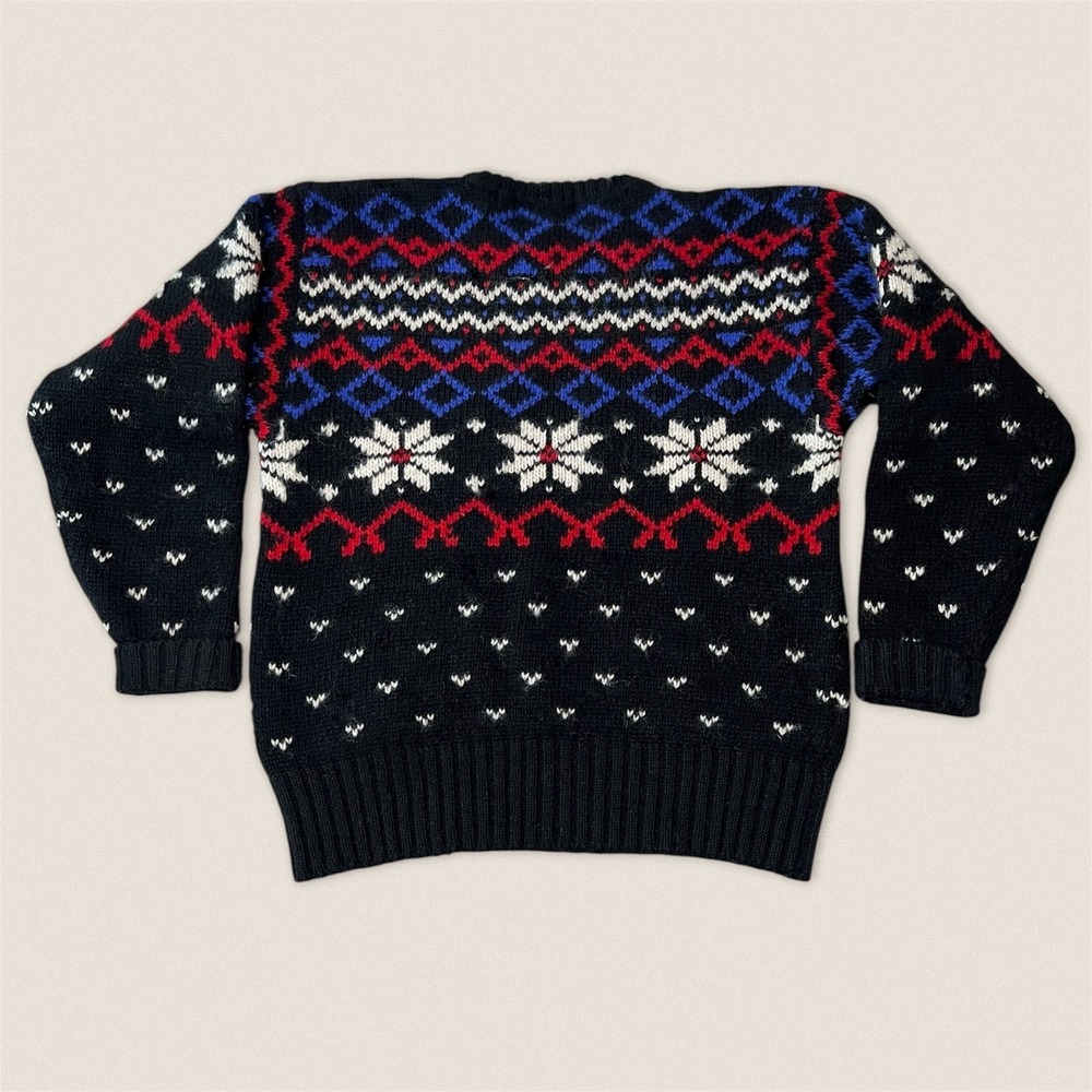 Vintage Eddie Bauer 100% Wool Fair Isle Snowflake Black Sweater Mens Medium - Picture 2 of 6